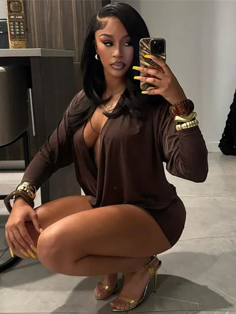 Cross Deep V-Neck Dress Women Full Sleeve Stretch Solid Midnight Street Clubwear Party Autumn Trend Elegant Mini Bodycon