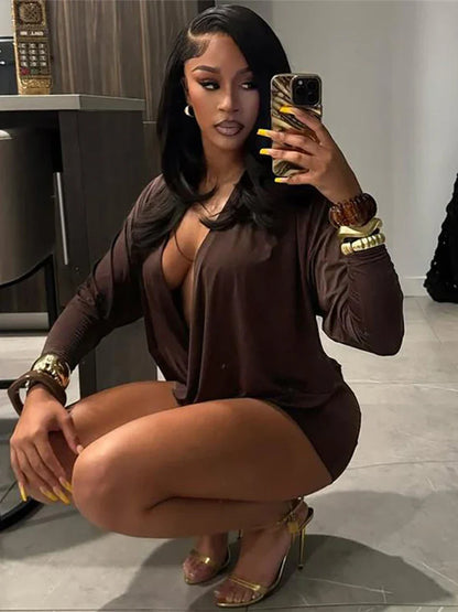 Cross Deep V-Neck Dress Women Full Sleeve Stretch Solid Midnight Street Clubwear Party Autumn Trend Elegant Mini Bodycon
