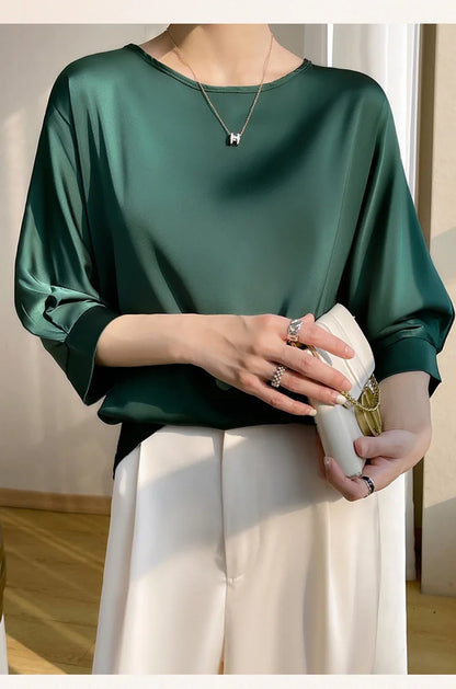 2026 New In Summer Satin Silk Half-Sleeve Tee Tops Basic Solid Women‘s T-Shirt Casual O-neck Thin Shirts Ladies Loose Blouses