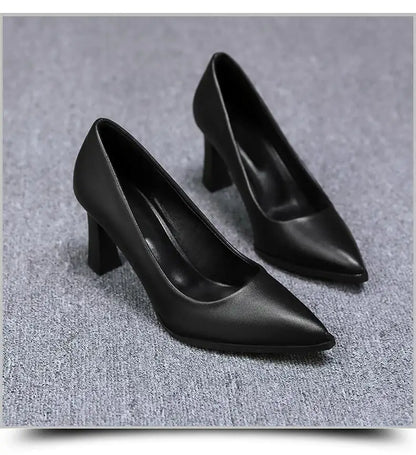 Soft PU Non-slip Single Shoe Work Shoes Women's Pumps Black Professional Interview High Heels Mid Heeled Work Leather Shoes