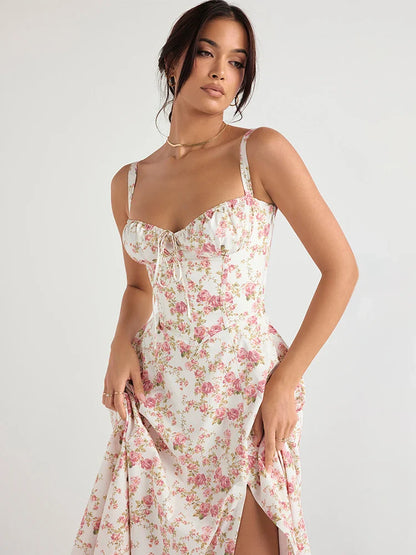 Women's Summer Floral Print Dresses Sweet Elegant Midi Holiday Dress Casual Slit Blue Lace Up Dresses 2023