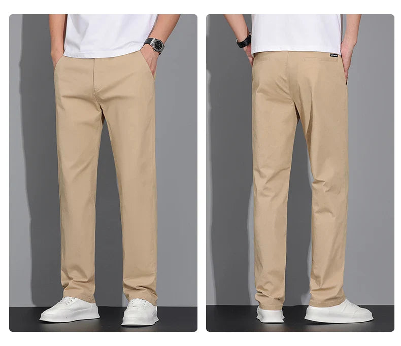 New Men's Business Cotton Thin Straight Pants Casual Elastic Slim Comfortable Male Brand Trousers Black Gray Khaki Royal Blue