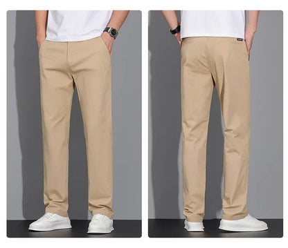 New Men's Business Cotton Thin Straight Pants Casual Elastic Slim Comfortable Male Brand Trousers Black Gray Khaki Royal Blue