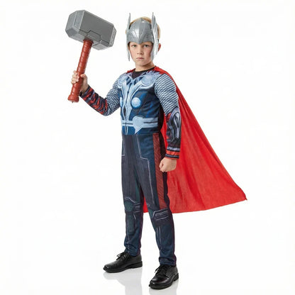 Kids Thor Superhero Cape Costume with Mask Jumpsuit for Halloween Cosplay Party Boys Girls Holiday Dress Up with Plastic Hammer