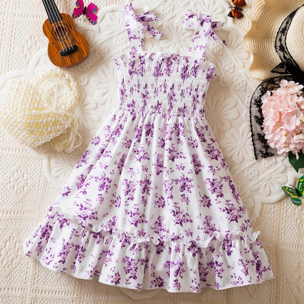 Floral Print Children Girl Dress Summer Elegant Sling Princess Dresses  Kids Beach Sundress Casual Cotton Baby Girl Clothing