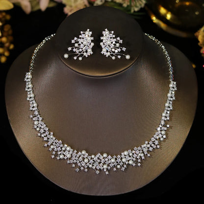 Gorgeous Cubic Zirconia Stone Choker Fashion Pearl Necklace for Women Wedding Bridal Costume Jewelry Set X0620