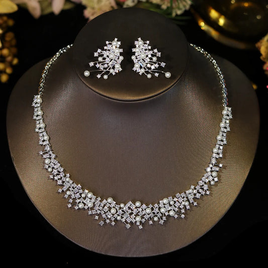 Gorgeous Cubic Zirconia Stone Choker Fashion Pearl Necklace for Women Wedding Bridal Costume Jewelry Set X0620