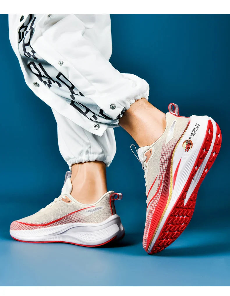 Sapatos de corrida esportivos casuais masculinos e femininos de moda com superfície de malha respirável, suporte de placa de carbono e sola de borracha resistente ao desgaste
