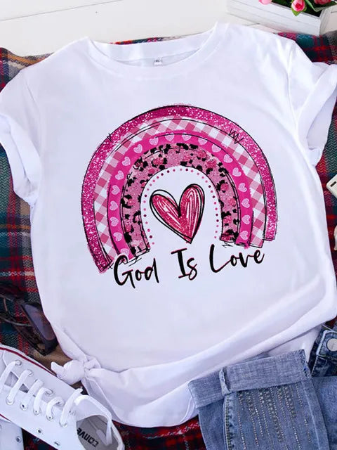 American Retro Letters Love White T-shirt Women Short Sleeve Round Neck Loose Large Size Casual Top Oversized