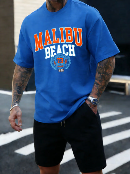 Malibu Beach 73 Usa Printing T-Shirt Mens Cotton T Shirts O-Neck Summer Basics Clothes Casual Trendy All-Match Short Sleeve