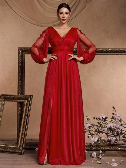 Elegant Long Sleeves Floor Length Split Party Evening Dress Women 2024 Luxury Backless Weedding Dress Cocktail Prom