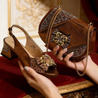 Elegant Purple Rhinestone Peep Toe High Heels for Women - Italian Design Sandals with Matching Handbag Set