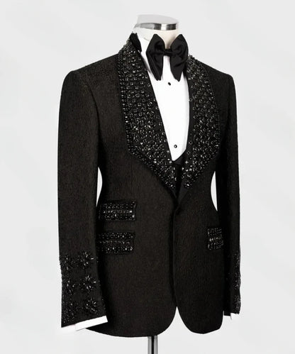 Jacquard Crystals Men Suit Set 2 Pieces Blazer+Pant Formal Office Male Jacket Prom Cotton Coat Trousers Groom Wedding Tuxedos