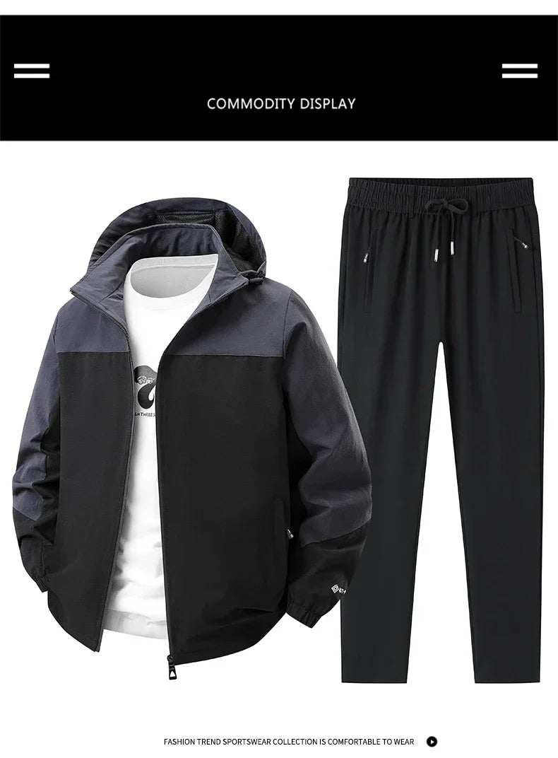 Men Spring Autumn Sport Set Comfortable Breathable Detachable Hooded Jacket Pant Set Training Morning Fitness Running Sport Suit
