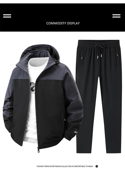 Men Spring Autumn Sport Set Comfortable Breathable Detachable Hooded Jacket Pant Set Training Morning Fitness Running Sport Suit