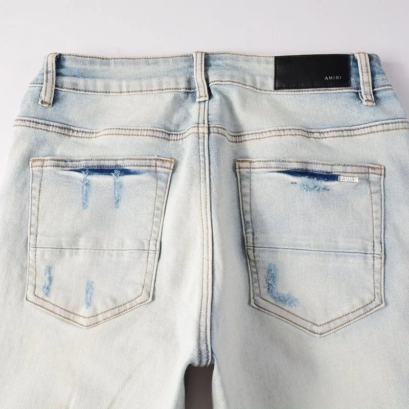 Calça Jeans Masculina de Cintura Reta Rasgada, Cor Sólida, Elástica, Respirável, Confortável e de Alta Qualidade, Nova Tendência Primavera Outono