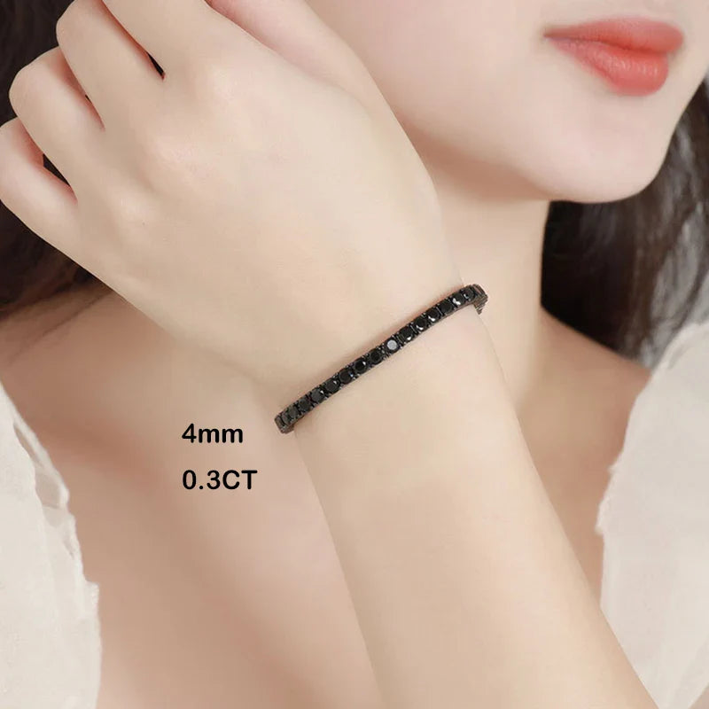 Full 3/4/5/6.5mm Black Moissanite Tennis Bracelet for Men Women Unisex 925 Silver Plated 18K Black Gold Hip Hop Bracelets