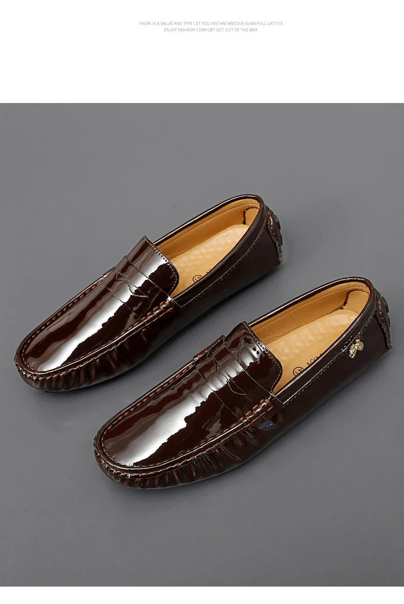 Patent Leather Beanie Shoes Men's New Spring and Summer Large Size Patent Leather Casual British Leather Shoes Women's Slip-On Lazy Casual Shoes Handmade Shoes