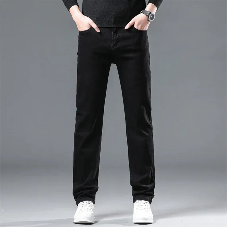 Winter Men Black Straight Stretch Denim Thick Velvet Pants Warm Jeans Casual Fleece Line Trousers Male Plus Size