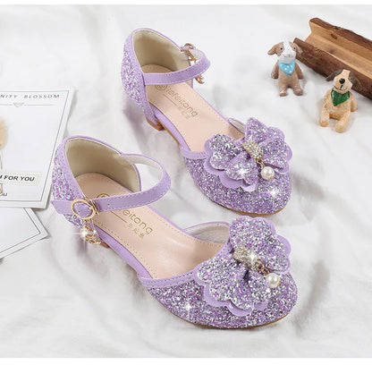 Children's Sandals for Party Wedding Elegant Bowknot Kids Girls Versatile Sequins High-heels Fashion Pearl Princess Single Shoes