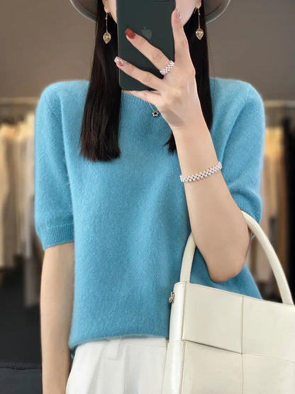 100% pure wool T-shirt spring and summer new women's O-neck pullover short sleeve loose five-sleeve sweater high-end top