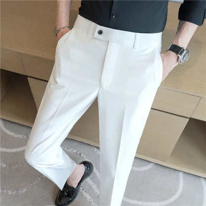 Stretch Solid Color Men's Trousers, Suitable for Business Casual, Parties, Formal Events, and Ankle-length Slim Pants.28-40
