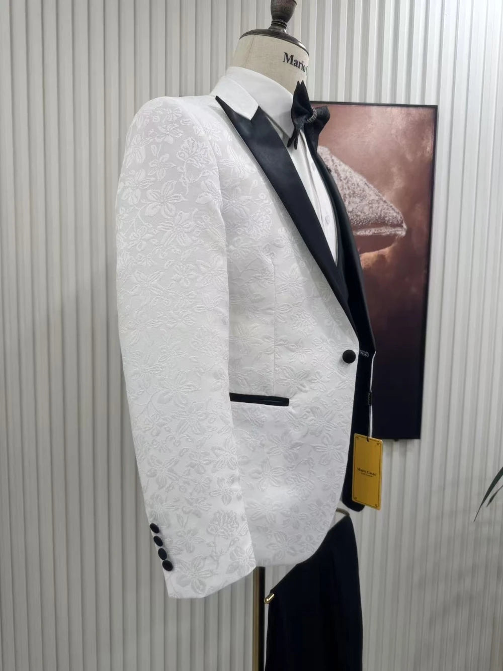 Premium Men's White Patterned 3-Piece Formal Tuxedo Black Lapel Slim Fit Groom Suit For Wedding Ball Dinner Party Formal Set