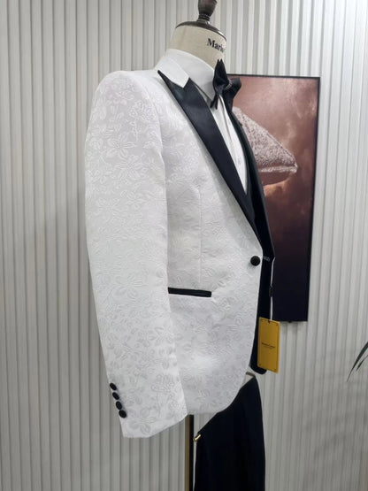 Premium Men's White Patterned 3-Piece Formal Tuxedo Black Lapel Slim Fit Groom Suit For Wedding Ball Dinner Party Formal Set