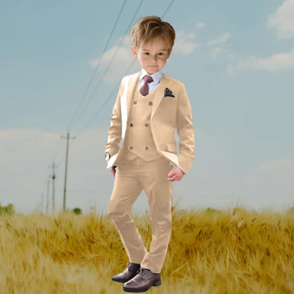 Fast Ship New Year Celebration Beige Tone Boys Suit Set Including Blazer Pants 4PCS Kids Tuxedo Set From 3 to 14 Years Outfit