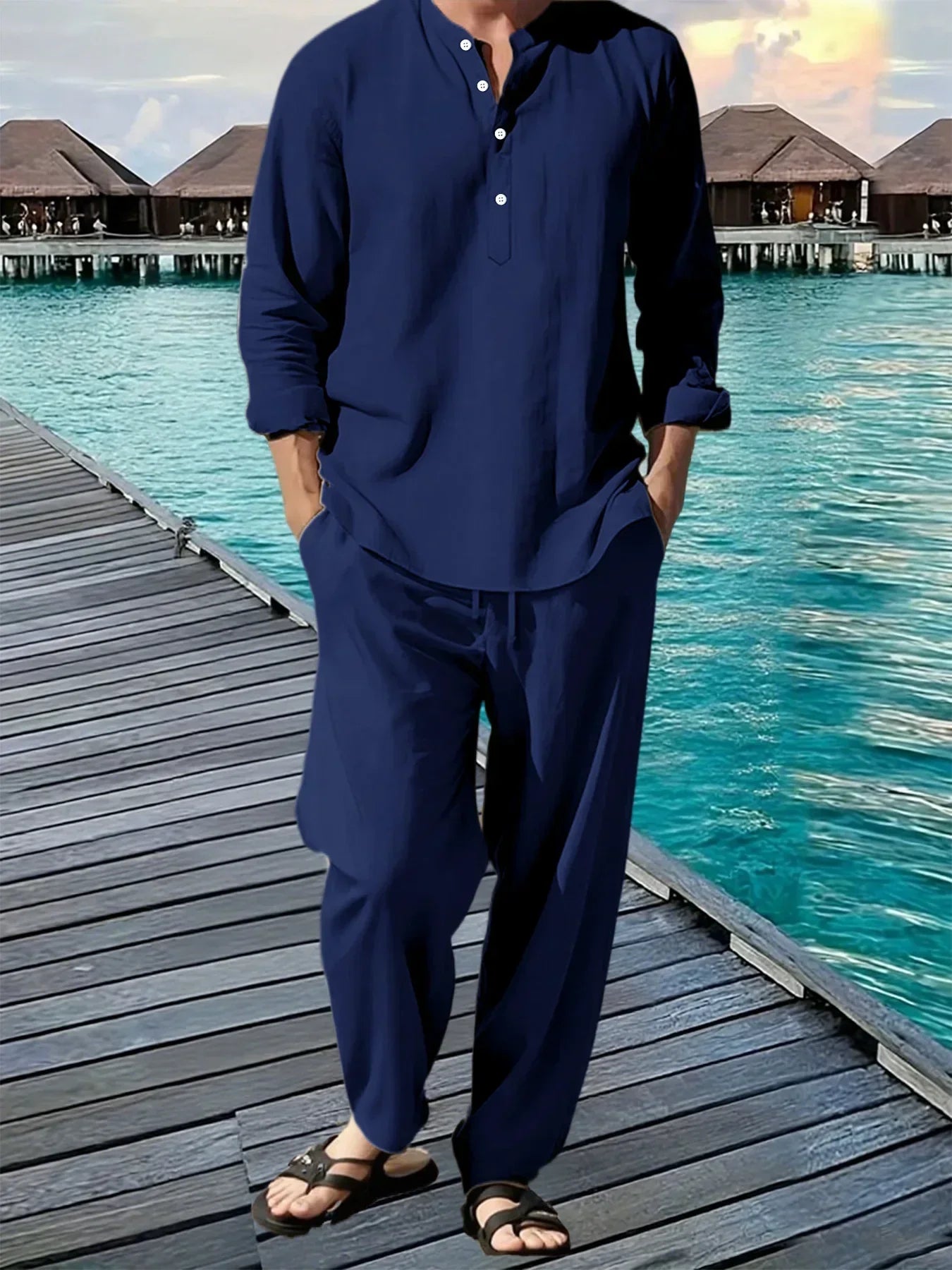 Men's Shirt Pants Suit Summer Breathable Beach Hawaiian Vacation Casual Long Sleeves Set Solid Color Loose Jogging Trousers