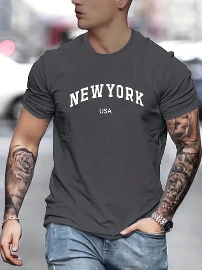 Men's 100 cotton summer fashionable casual loose plus size new York Usa printed slim fit sports round neck short sleeved T-shirt