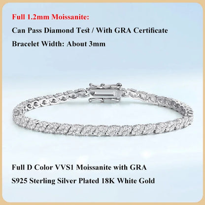 Double Row Full 2.5/3mm Round Cut Moissanite Tennis Bracelet D Color Lab Diamond 925 Silver Women Man Link Bracelets Gift