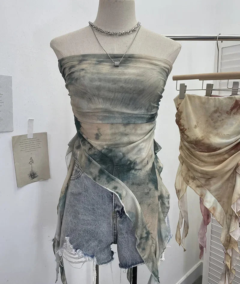 Tie Dye Summer Tops for Women Y2K Strapless Sleeveless Asymmetrical Ruffle Fishtail Ruched Stretch Mesh Vintage Clothes