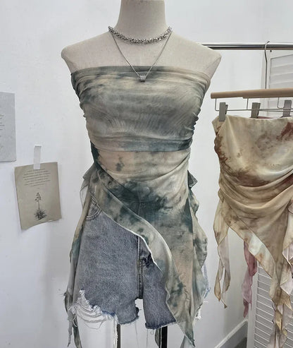 Tie Dye Summer Tops for Women Y2K Strapless Sleeveless Asymmetrical Ruffle Fishtail Ruched Stretch Mesh Vintage Clothes