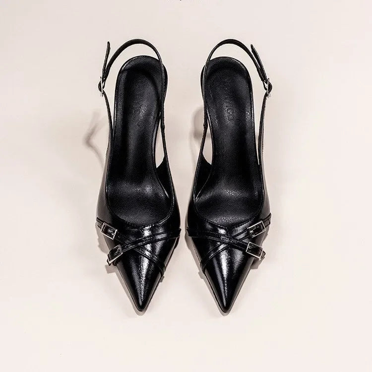 Sapatos de Salto Agulha Elegantes com Fivela, Bico Fino, Boca Rasa, para o Verão, Sapatos Femininos Pretos NO:602