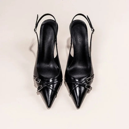 Sapatos de Salto Agulha Elegantes com Fivela, Bico Fino, Boca Rasa, para o Verão, Sapatos Femininos Pretos NO:602