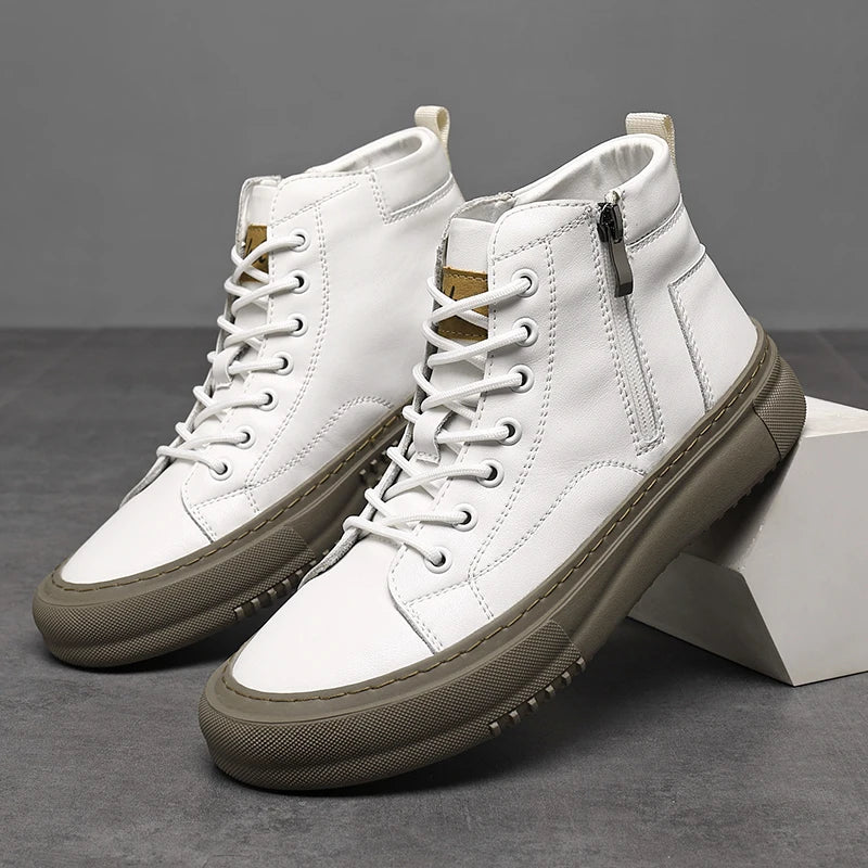 Men's Spring and Autumn Style White Sneakers, New Trendy Versatile High-Top Sneakers, Summer Fashion Casual Men's Shoes, Breathable and Durable Sneakers
