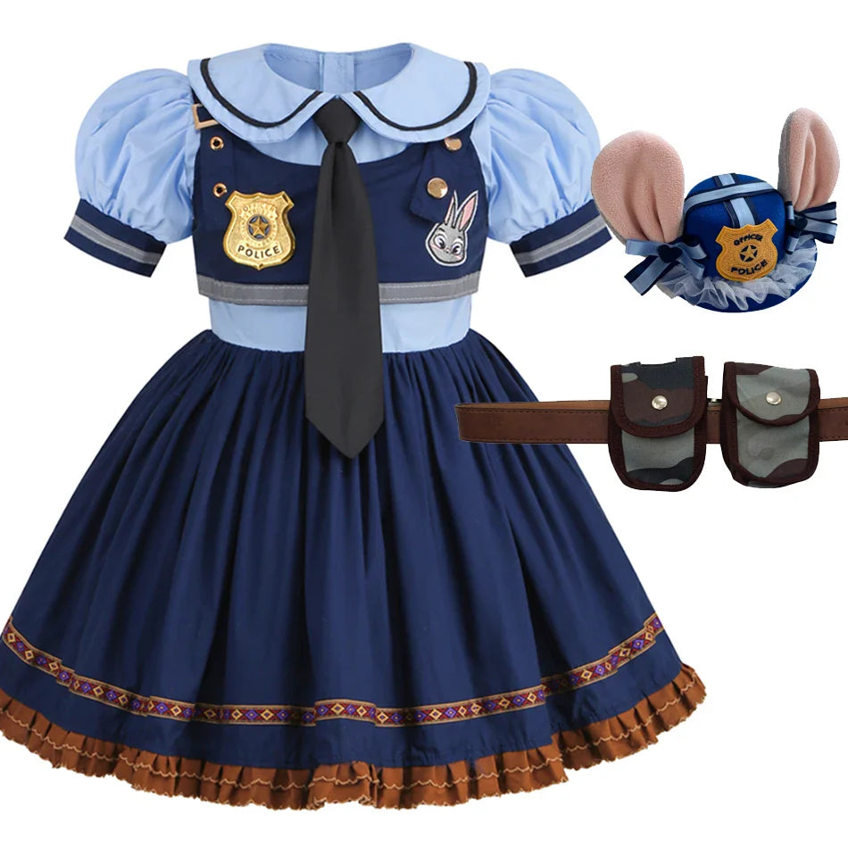 Judy Cosplay Costume Kids Carnival Party Dress Girls Tie Headdress Belt Socks Sets Police Role Play Movie Uniform Birthday Gift
