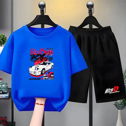 Summer Cool Boy Girl Tshirt Children T-shirt+Shorts Set Japanese manga racing car Fashion Print Toddler 3-12Yrs white clothing