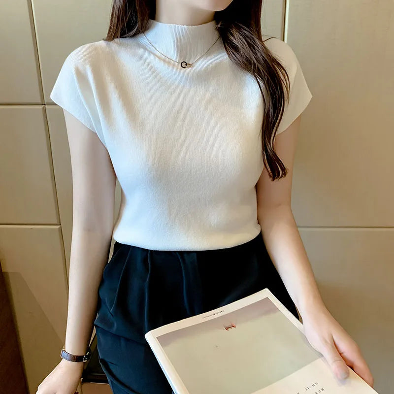 New Women Summer Knitted Turtleneck Sleeveless T-Shirts Tops Solid Slim Fit Pullovers Causal Tees Female Streetwear Basics Tees