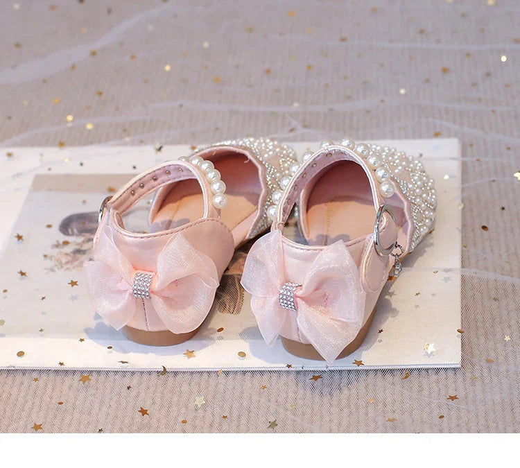 2025Summer Girls Sandals With Heel Fashion Rhinestone Shiny Glitter Shoes Children Princess Bowtie Pearl Dancing Shoes