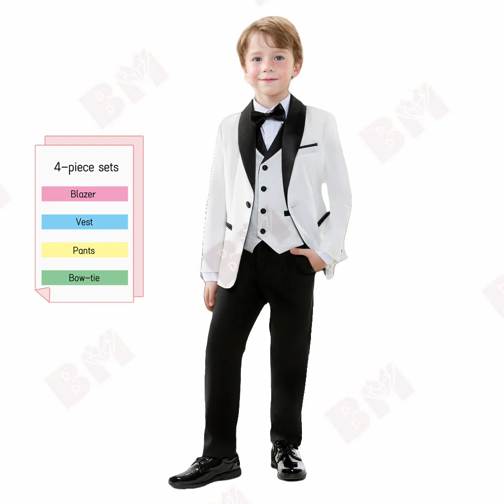 Hot Selling Stylish Emerald Green Boys Formal Suit Set 3-14 Years 4 Piece Kids Wedding Tuxedo Blazer Vest Pants Bow Tie