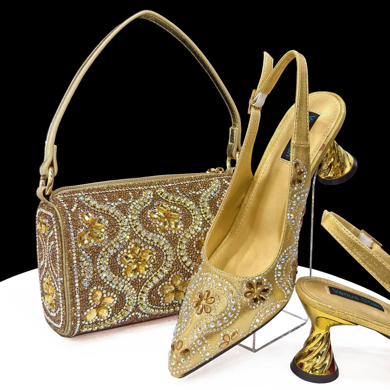 Elegant Rhinestone Pointed-Toe Pumps With Matching Bag Set Large Capacity Bag for Women's Party High Heels