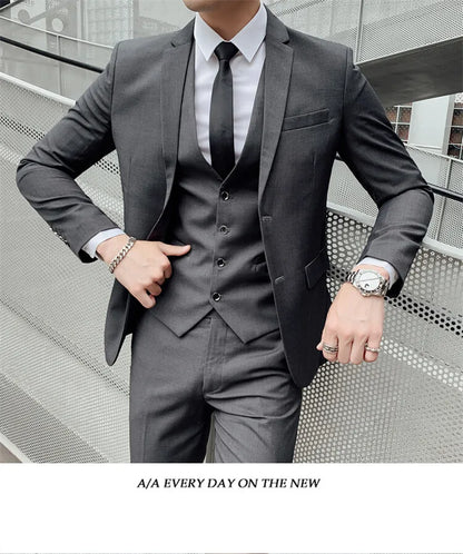 Solid Color Suit Men's Fashionable Gentleman Business Banquet Korean-style Formal Dress Casual Wedding (Blazer+Vest+Trousers)