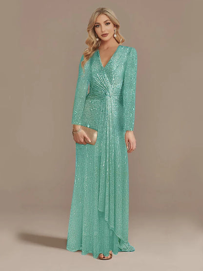 Luxury Floor Length V-Neck Evening Dress 2025 Women Elegant Party Maxi Dress Sequin Long Sleeves Prom Cocktail Dress