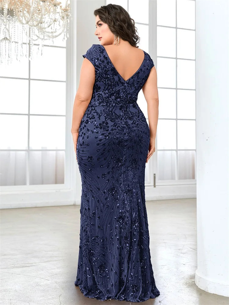 Vestidos de Noite Elegantes Rosa Plus Size com Decote em V e Lantejoulas até o Chão, com Manga Curta, para Madrinhas, Festas e Coquetéis
