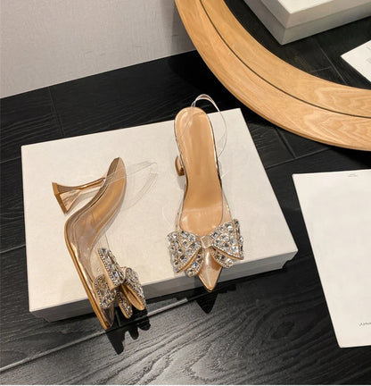 PVC Transparent Women Pumps Sexy Crystal Bowknot Pointed Toe  Slingback High Heels Mules Sandal Female Wedding Prom Shoes