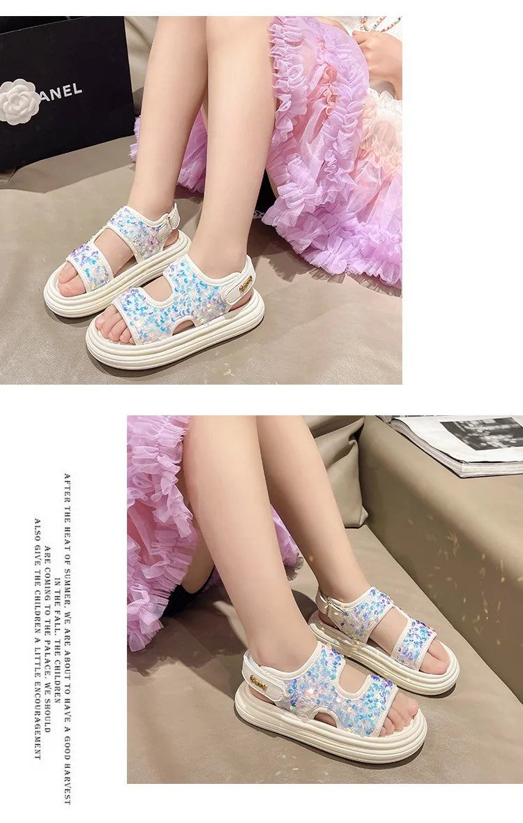 Summer Children's Sandals Sequins Thick Soled Girls Causal Princess Open-toe Sandals Fashion Non-slip Kids Beach Shoes Versatile