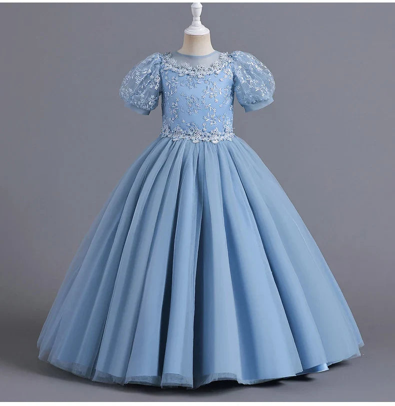 8901 Vestido Infantil para Meninas de 4 a 12 anos Princesa Lantejoulas Manga Bufante Longo Tule Florista Casamento Verão Pequeno