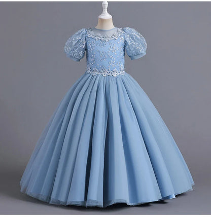 8901 Vestido Infantil para Meninas de 4 a 12 anos Princesa Lantejoulas Manga Bufante Longo Tule Florista Casamento Verão Pequeno